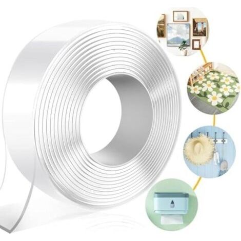 Ruban Adhésif Double Face Extra Fort, Accroche Tableau Sans Percer Puissant Transparent Multifonctionnel Réutilisable Lavable Pour Les Tapis et Les Voitures (5M x 3CM x 2MM)