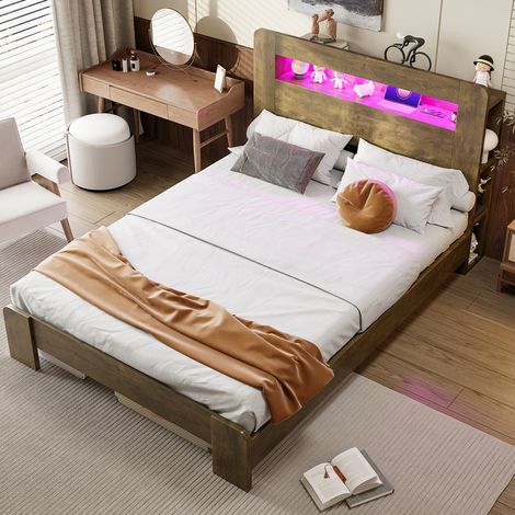 Cama 140x200 cm madera vintage con cabecero de almacenaje, LED y tomas integradas (1/5)