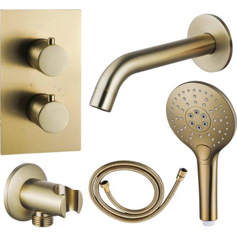 FugaFlow Eccelente Ensemble robinet de baignoire Acces - bec - 22cm raccourcissable - flexible métallique - douchette ronde - corps encastré - support