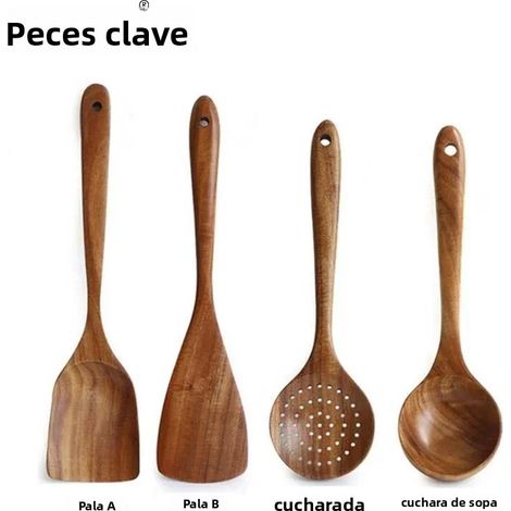 Kochlöffelset aus Holz mit Utensilienhalter, umweltfreundliches Küchenutensilienset aus Teakholz (1/5)