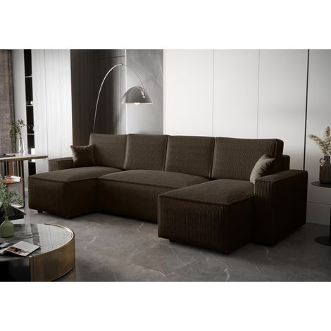 Canapé panoramique convertible AMBRI en velours côtelé – 6 places - 300 cm - Marron (1/5)