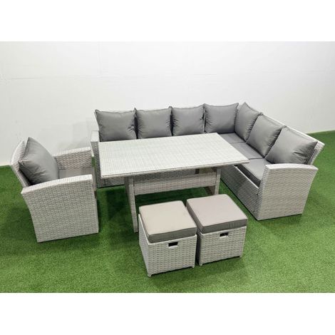Fimous Rattan Garden Furniture Set Outdoor 9 Seater Patio Dining Corner Sofa Sets with Dining Table Chair 2 Small Footstools Light Grey Mixed (1/4)