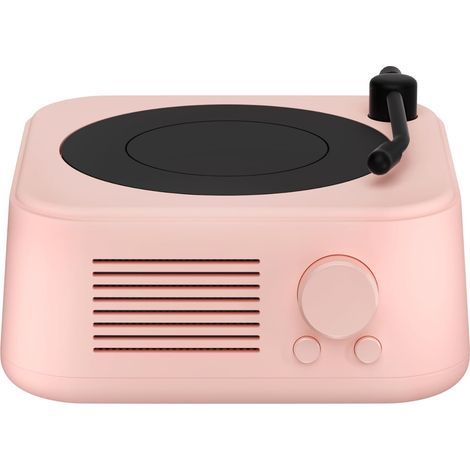 Enceinte Bluetooth 5.3, Autonomie Longue, Son Puissant, Lecture AUX/FM/Carte TF, Style Platine Vinyle Rétro Mignon, Enceinte sans Fil Portable pour Décoration, Camping, Bureau, Fête, Rose (1/5)