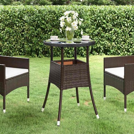 vidaXL Table de jardin Ø60x75 cm Verre trempé/résine tressée Marron (1/5)
