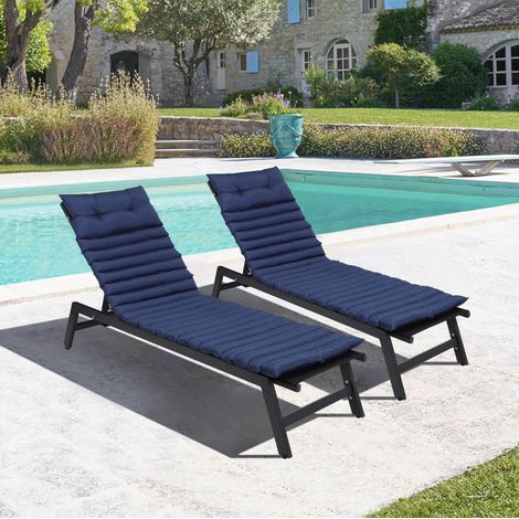 Lot de 2 coussins pour chaise longue 193x60x2,3 cm en polyester bleu marine, pour jardin – MEUBLIV (1/5)