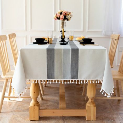 Nappe rectangulaire d'extérieur en lin, nappe en coton imperméable de style bohème champêtre avec pompons, robuste et infroissable, pour les pique-niques (1/5)
