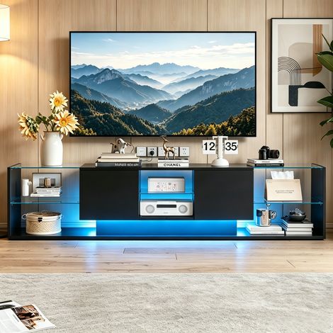 JOOKGBD-TV-Möbel 200x35x45 cm mit LED-Beleuchtung, Fernsehschrank in Hochglanz,2 Schubladen und Glasablagen,Lowboard für Fernseher bis 75 Zoll,für Wohnzimmer Schlafzimmer,Schwarz