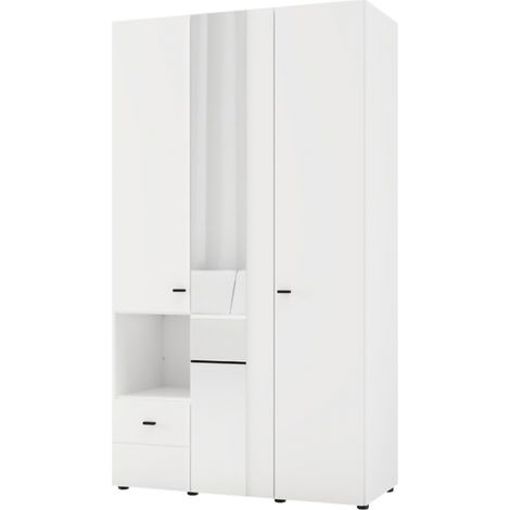 Armario 3 Puertas Patzcu, Ropero para Dormitorio con Cajón, 5 Estantes, 117x52 cm Blanco Mate