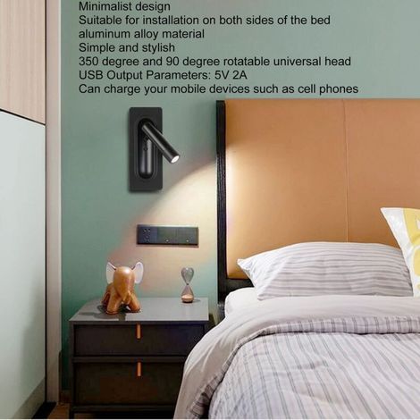 Lampe de Lecture Murale à LED Simple et élégante en Alliage D'aluminium Rechargeable avec Interrupteur Port USB pour Bureau D'hôtel de Chambre à Coucher D'intérieur 100‑240V (1/4)