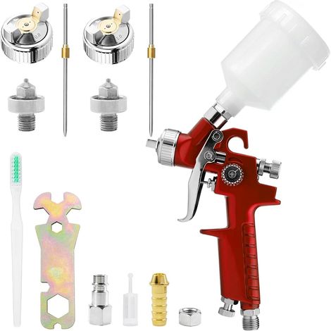 Mini pistolet à peinture HVLP avec 2 buses de 0,8/1,0 mm et tasse de 125 ml, pistolet à peinture léger à air comprimé, pour meubles, murs, clôtures, portes, bricolage (rouge) (1/5)