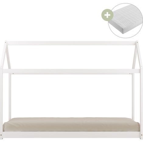 Sunny Zoey Lit Cabane En Bois, Blanc Au Sol, Pour Enfant - Matelas Hybride 90 X 200 Inclus - Montessori Dimensions Totales: 206 X 98 X 154 Cm (1/5)