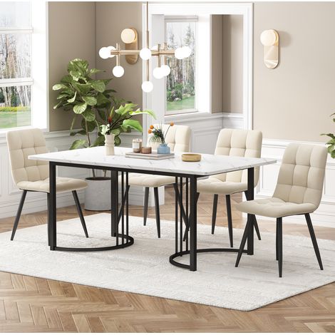 Ensemble de salle à manger MDF blanc effet marbre avec 1 table 140x80 cm et 4 chaises en velours, pieds métal noir (1/5)