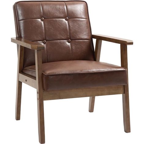 Fauteuil lounge marron en similicuir avec accoudoirs en bois d'hévéa, capacité 120 kg, confort chaleureux pour salon (1/5)