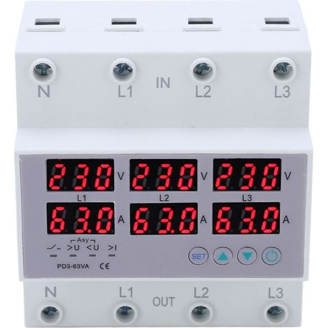 Voltmetro amperometro trifase su guida DIN Protezione automatica da sovratensione e sovracorrente AC 390-500 V 63 A (1/4)