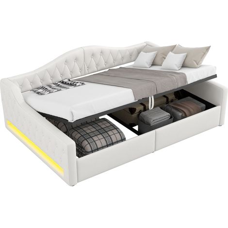 Lit banquette 140x200 LED avec rangement, tissu beige, convertible et robuste, pour chambre ou invités, structure bois et MDF, 2 colis  CHICFURN (1/5)