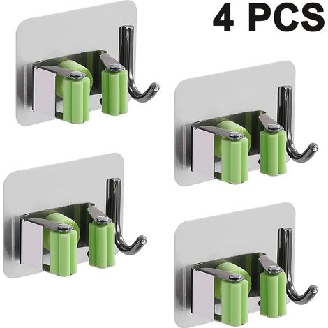 Support Pour Balai Et Serpillière - Sans Perçage - En Acier Inoxydable Auto-Adhésif - Pour Salle De Bain Cuisine Garage - 4 Pièces (1/5)