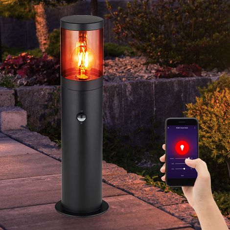 Smart LED Sockelleuchte Außen Stehlampe mit Bewegungsmelder Außenleuchte Edelstahl, App- und Sprachsteuerung, RGB Farbwechsel, schwarz rauchfarben, 1x 10W 806lm warmweiß-kaltweiß, DxHxB 14x50x10,2cm
