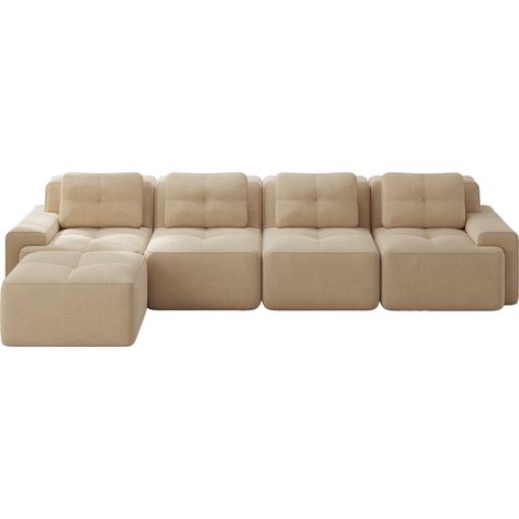 Sofá Modular 4 Plazas, Asiento Profundo, Respaldo Curvado, Base Antideslizante, sin Montaje, Pana Beige (1/5)