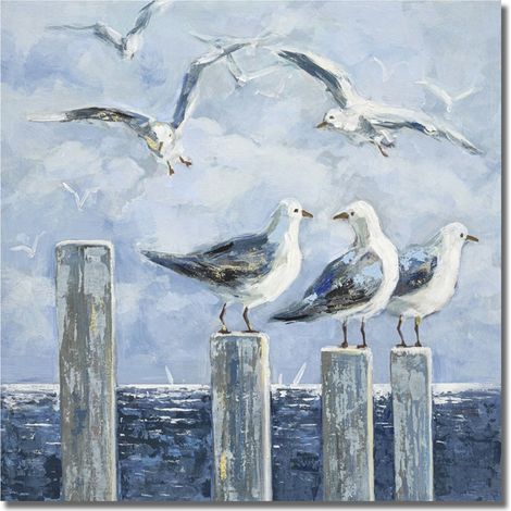 Cuadro de gaviotas pintado en azul y blanco marinero 80 cm (1/5)