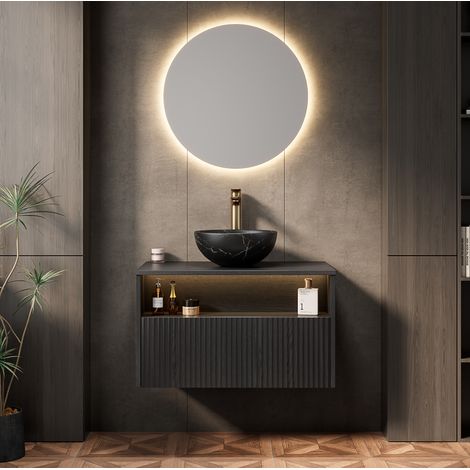 Hängender Badschrank 80 cm mit schwarzem Keramikwaschbecken, Schublade und Ablage (1/5)