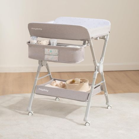 Table à langer pliable et réglable en hauteur, table à langer mobile avec roulettes, matelas imperméable facile à nettoyer, commode à langer compacte avec rangements – jusqu’à 15 kg, gris (1/5)