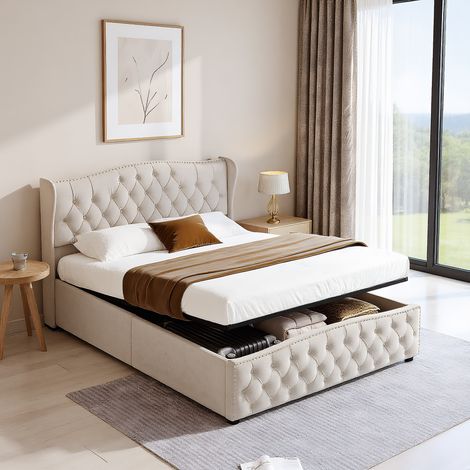 Polsterbett 140 x 200 cm, Doppelbett mit hydraulisch und Stauraum, Modern Jugendbett mit gewelltem Kopfteil mit Nieten, Bettgestell mit Lattenrost, Velour Beige (1/5)