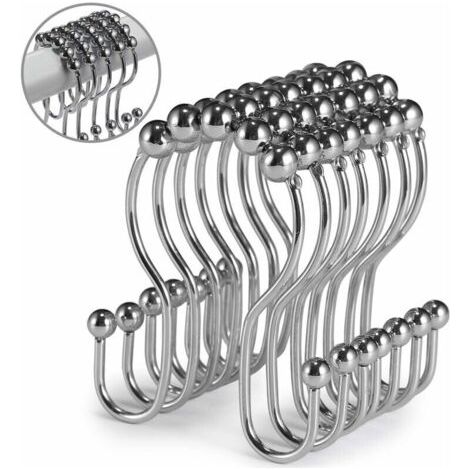 Crochets de rideau de douche, 12 pièces, anneaux de rideau de douche, rouleau en acier inoxydable, résistant à la rouille, double crochets de douche coulissants anti-chute pour rideaux de salle de bai (1/4)