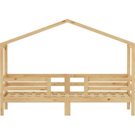 Kinderbett Hausbett 90x200 cm aus massiver Kiefer für Jungen und Mädchen, Hausdach Design, dreiseitiger Rausfallschutz, Kiefer-Lattenrost inklusive, ohne Matratze, Farbe Naturholz,DE603090WD (1/5)