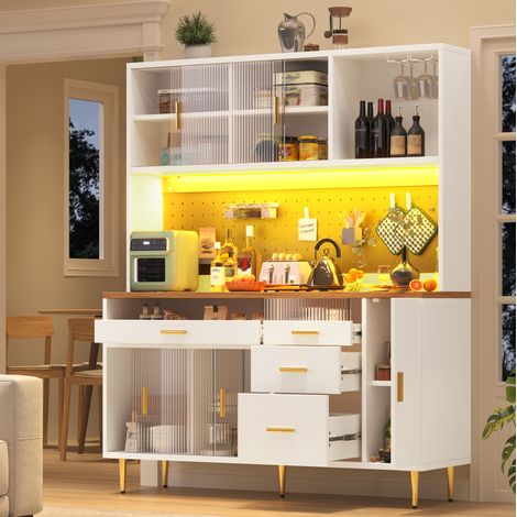 Weißes Highboard 145 x 39 x 171 cm mit LED, Glas und MDF (1/5)