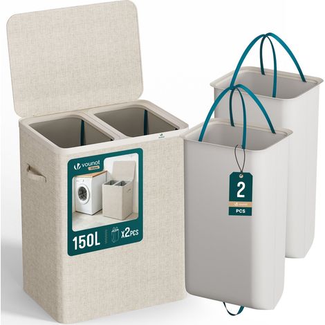VOUNOT® Cesto Portabiancheria 150L Rettangolare a 2 Scomparti con Coperchio, 2 Sacchi Rimovibili Autoportante e Manici, Beige