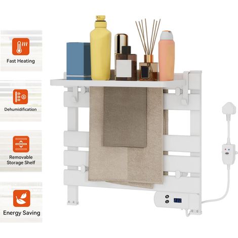 Electric Heated Towel Rail with Timer, Bathroom Warmer Ladder Radiator with Adjustable Storage Shelf, Freestanding/ Wall Mounted (1/5)