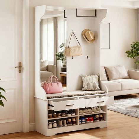 Ensemble de Meuble d'Entrée Multifonction avec Miroir, Porte-Manteau avec Étagère à Chaussures et 2 Tiroirs, Vestiaire Entrée Moderne pour Salon Couloir, Blanc (1/5)