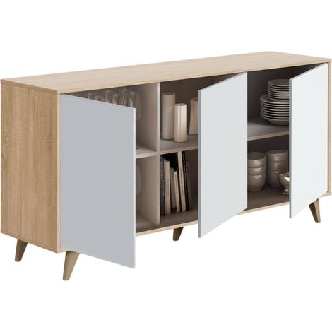 Credenza, Madia moderna a 3 ante e ripiani, Buffet da cucina, Buffet di design da soggiorno, cm 154x40h75, Rovere e Bianco (1/5)