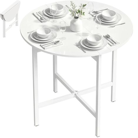 Table à manger pliante, table de cuisine ronde Ø 80 cm pour 4 personnes avec 2 abattants, pieds en acier, blanc