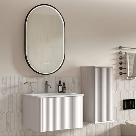 Meuble avec vasque mural 60 cm, miroir LED antibuée, armoire latérale, blanc DESVIAE (1/5)