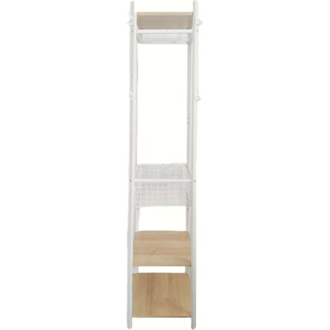Relaxdays Garderobenständer, 3 Ablagen u. 8 Haken, HBT: 181x43x43 cm, Jackenständer mit Korb, Flur, Metall, weiß-natur (1/3)