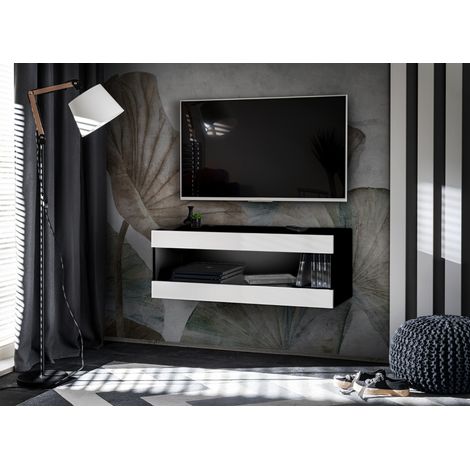 Komodee, Meuble TV - Armoire Suspendue Tivoli RTV2, Noir/Blanc, Largeur 100cm x Hauteur 36cm x Profondeur 35cm, sans LED, pour Salon, Chambre à coucher (1/5)
