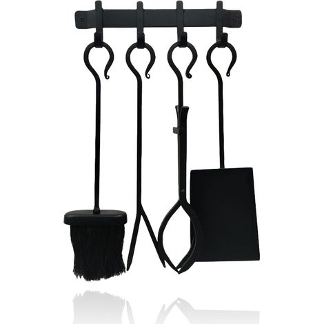 Relaxdays Kaminbesteck, 5-tlg. Set, Schürhaken, Schaufel, Aschebesen, Feuerzange, Wandhalterung, Ofengarnitur, schwarz (1/5)