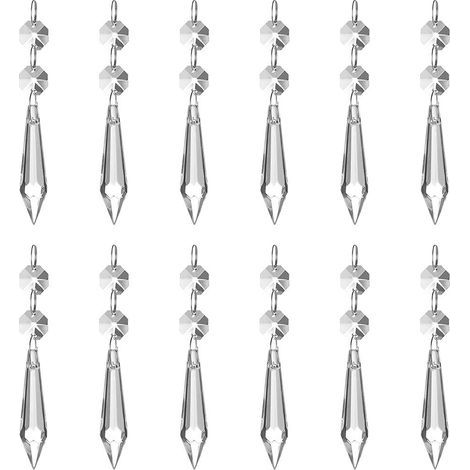 Lot de 12 pendentifs en cristal transparent effet prisme de glace (62 mm), avec 12 perles octogonales et anneaux, pour lampe, jardin, fête, Noël, mariage. (1/5)