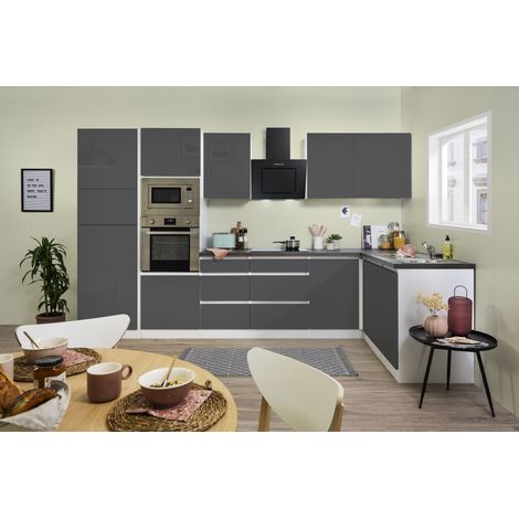 Respekta – Cuisine d'angle sans poignée 345 x 172 cm – Corps blanc, façades gris brillant – Plans de travail épaisseur 38 mm – Hotte 60 cm incluse