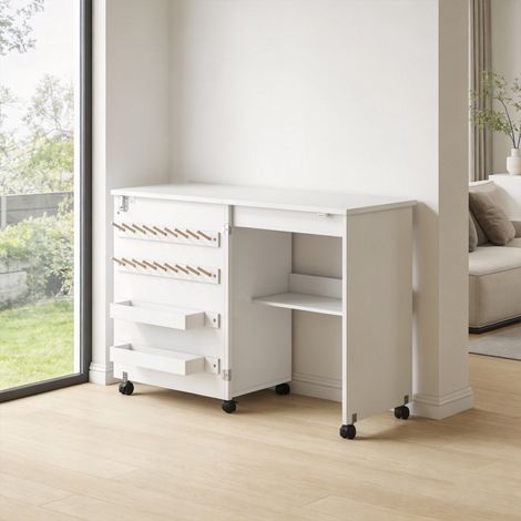 Table de Couture Pliante, Meuble Couture Roulant, Porte Magnétique de Grange, 2 Bacs, Étagère, 18 Chevilles, Blanc (1/5)