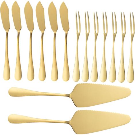 Set de Ustensiles Pâtisserie Dorés Pelle à Gâteau Inox Couteau Tartiner Beurre et Fourchette Fruit pour Mariage Maison et Restaurant (1/5)