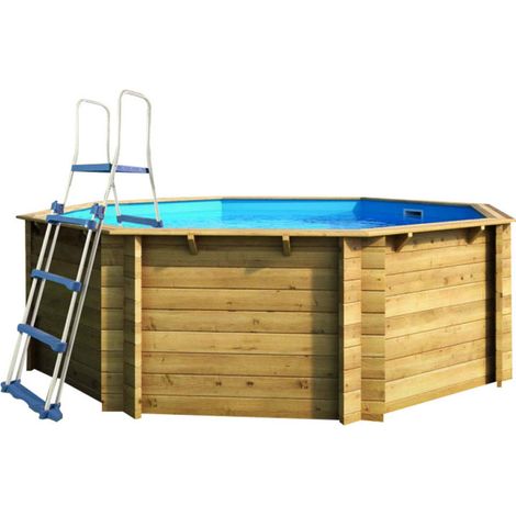 Piscine hors sol en bois hexagonale Ø395cm – Traitement autoclave IV – Liner 60/100 – Filtration 4m³/h – Échelle en acier inoxydable – Water Clip (1/5)