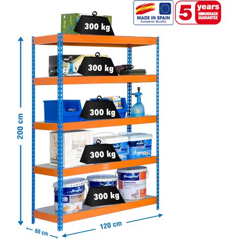 SimonRack Scaffale Industriale, 2000x1200x600 mm, 5 Ripiani in Metallo, Portata 300 kg per Ripiano, Scaffale Carichi Pesanti, Blu/Arancione/Zincato – Bricoforte