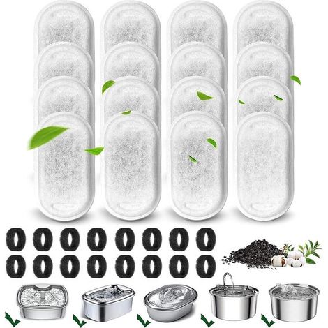 Filtros para bebederos de gatos: 16 filtros y 16 filtros espuma bebederos, Filtros repuesto bebederos acero inoxidable 32 L (108 oz) 2 L (67 oz) (1/5)
