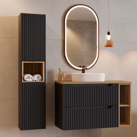 Ensemble meuble simple vasque 100cm 2 tiroirs 2 niches et colonne Riva Noir et Bois (1/5)