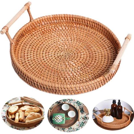 1 plateau de service rond en rotin, tressé avec poignées latérales, pour fruits, pain ou présentation, usage intérieur/extérieur (1/5)