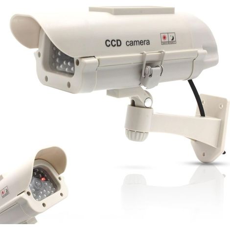 Caméra Factice Extérieur - Fausse Caméra de Vidéosurveillance avec LED Clignotante - Panneau Solaire - Usage Extérieur/Intérieur - Blanc (1/5)