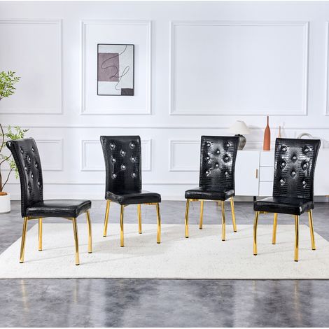 Juego de 4 sillas de comedor de PVC efecto cocodrilo, respaldo alto, negro y dorado (1/5)