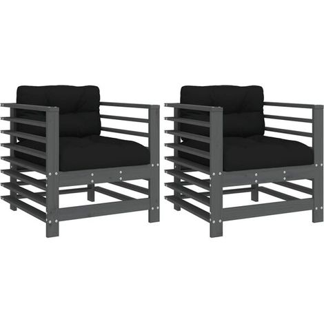 Lot de 2 Chaises de Jardin en Bois de Pin Massif avec Coussins, Gris (1/5)